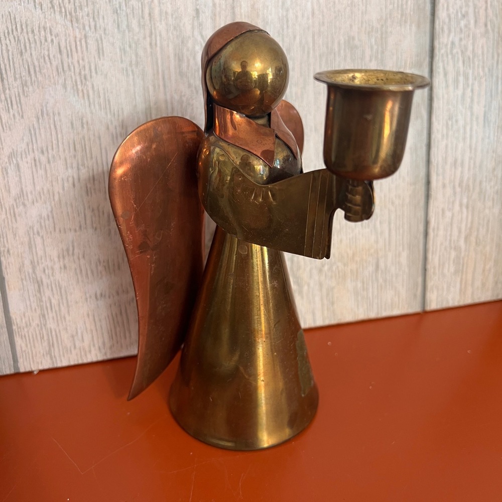 Vintage Brass and Copper Angel Candle Holder Mixed Metal Figurine 6.25 Inch